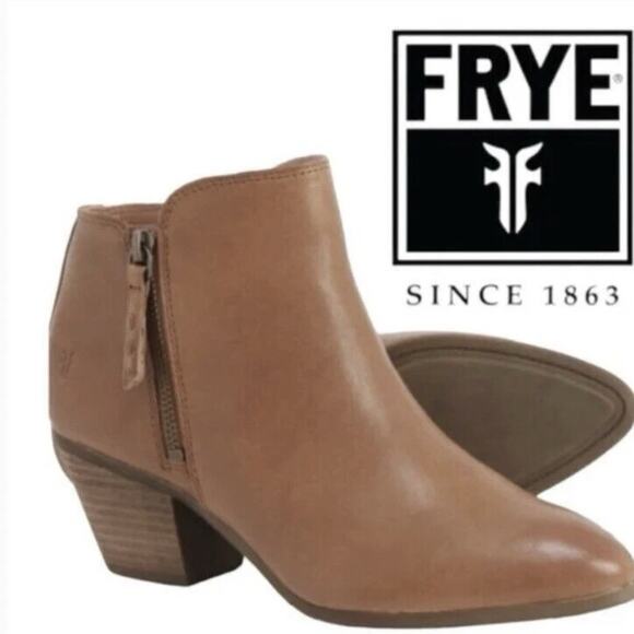 Frye Leather Ankle Boots Booties Judith Block Heel Double Zip Wheat Brown 9 - Picture 1 of 12